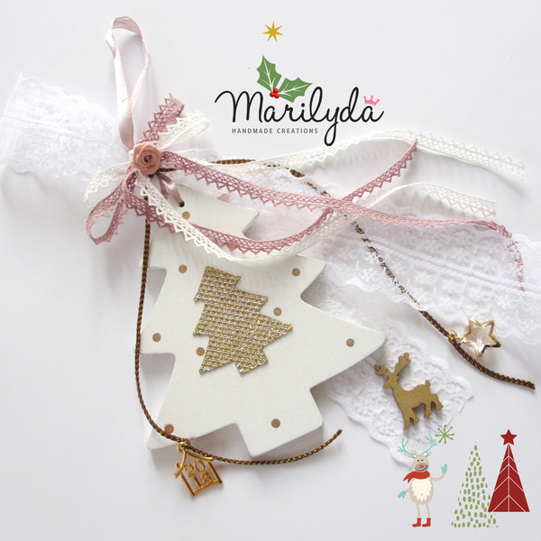 Xειροποίητο γούρι "Romantic White Christmas Tree" - κορδέλα, φιόγκος, chic, ξύλο, δαντέλα, vintage, ιδιαίτερο, μοναδικό, δέντρα, αστέρι, δώρο, elegant, romantic, δωράκι, ξύλινο, χριστουγεννιάτικο δέντρο, μεταλλικά στοιχεία, merry christmas, χριστουγεννιάτικα δώρα, στολίδια - 3