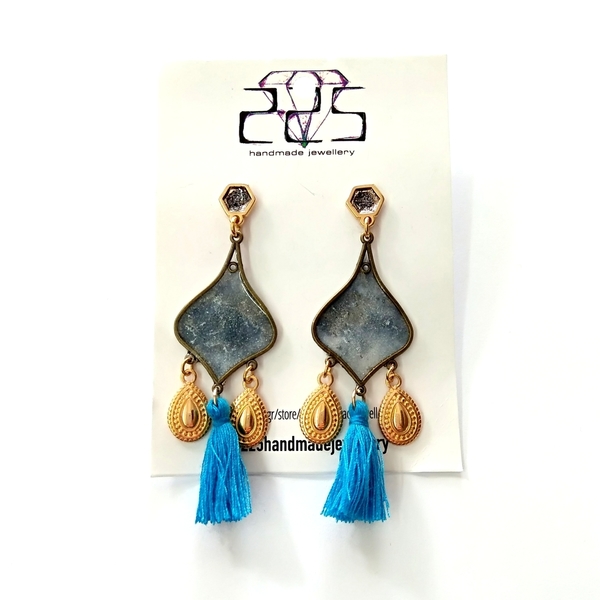 Boho earrings - γυαλί, ορείχαλκος, με φούντες, με φούντες, μεταλλικά στοιχεία
