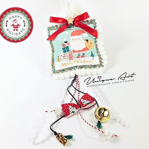 Γούρι μαξιλαράκι αρωματικό ''Merry Christmas'' - καμβάς, pom pom, στολίδι, αρωματικό, μαξιλάρια - 3