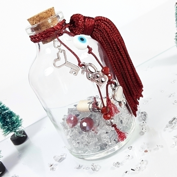 Christmas in a bottle! | Γούρι 2018 | Red - διακοσμητικό, γυαλί, γούρι, ορείχαλκος, κρύσταλλα, με φούντες, διακόσμηση, κλειδί, πρωτότυπο, χριστουγεννιάτικο, διακοσμητικά