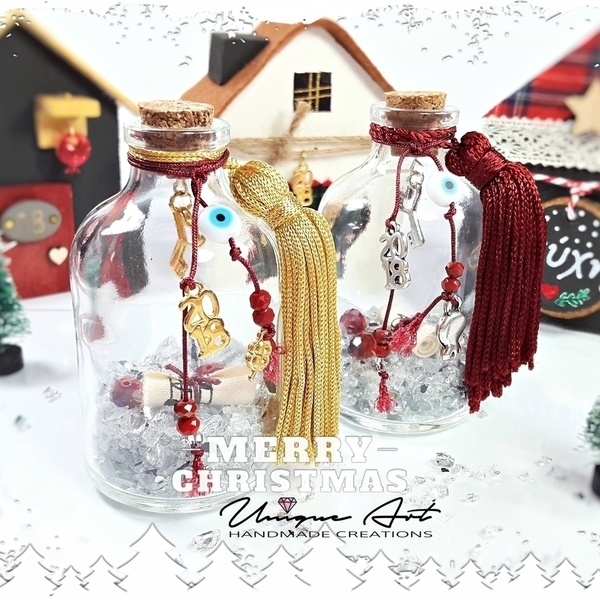 Christmas in a bottle! | Γούρι 2018 | Red - διακοσμητικό, γυαλί, γούρι, ορείχαλκος, κρύσταλλα, με φούντες, διακόσμηση, κλειδί, πρωτότυπο, χριστουγεννιάτικο, διακοσμητικά - 3