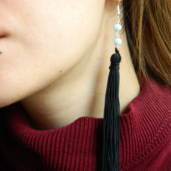 ~C R O C H E T~ Black -- Macrame earrings - chic, handmade, κρύσταλλα, δώρο, με φούντες, μακραμέ, κορδόνια, σκουλαρίκια, χειροποίητα, romantic, boho, κρόσσια, κρεμαστά - 5