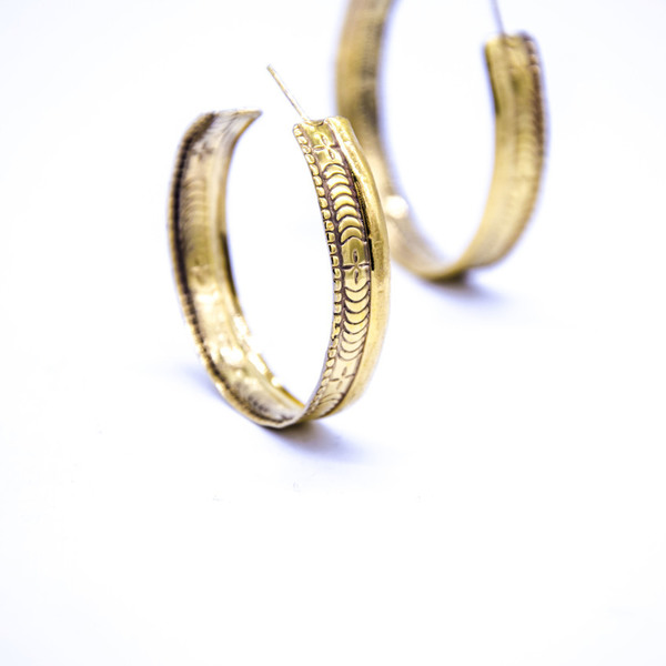 ''Hoop print earrings'' in gold plated copper - επιχρυσωμένα, επιχρυσωμένα, χαλκός, χειροποίητα, κρίκοι - 2