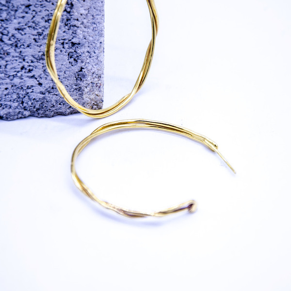 ''Branch'' hoop earring in gold plated brass - ορείχαλκος, γεωμετρικά σχέδια, χειροποίητα, κρίκοι - 4