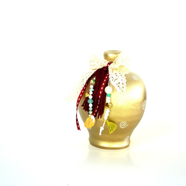 Xmas Κουμπαράς Χρυσός - δαντέλα, ζωγραφισμένα στο χέρι, με φούντες, χάντρες, κουμπαράδες, μεταλλικά στοιχεία, χριστουγεννιάτικα δώρα