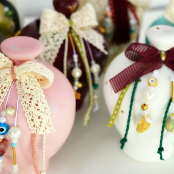 Xmas Κουμπαράς Ροζ - φιόγκος, δαντέλα, ζωγραφισμένα στο χέρι, μοντέρνο, γούρι, χειροποίητα, χάντρες, κουμπαράδες, μεταλλικά στοιχεία, χριστουγεννιάτικα δώρα - 3