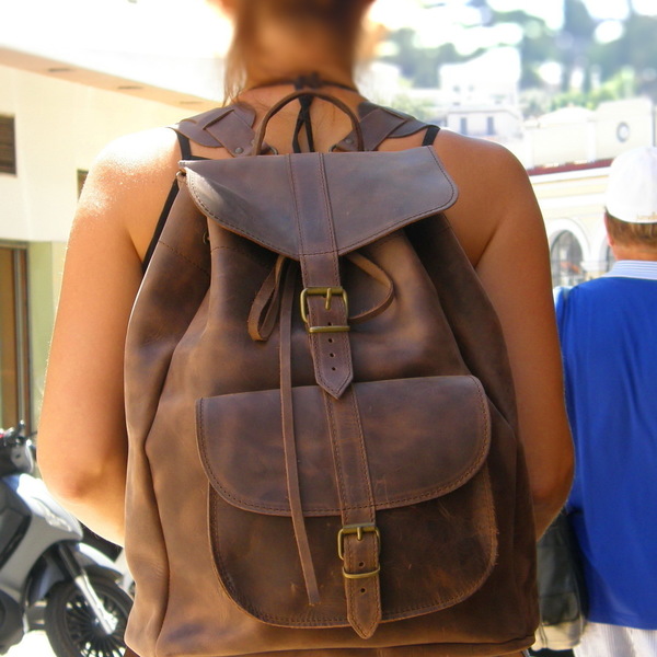 Δερμάτινη Τσάντα Πλάτης Με 1 Τσέπη Σε Χρώμα Κερωμένο Καφέ - δέρμα, δέρμα, σακίδια πλάτης, τσάντα - 2