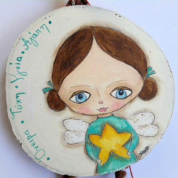 Γούρι Αγγελάκι με Αστέρι! - ξύλο, ζωγραφισμένα στο χέρι, μοναδικό, γούρι, κορίτσι, αστέρι, δώρο, αγάπη, pom pom, pom pom, πρωτότυπο, χειροποίητα, personalised, κρεμαστά, χριστουγεννιάτικα δώρα - 2