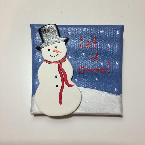 Χειροποίητο στολίδι -καμβαδάκι με πήλινο στοιχείο - πίνακες & κάδρα, καμβάς, καμβάς, πηλός, διακοσμητικά, χιονάνθρωπος, χριστουγεννιάτικα δώρα