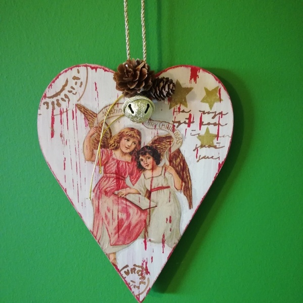 Διακοσμητική καρδιά - ξύλο, γούρι, καρδιά, δωράκι, κρεμαστά, χριστουγεννιάτικα δώρα - 2
