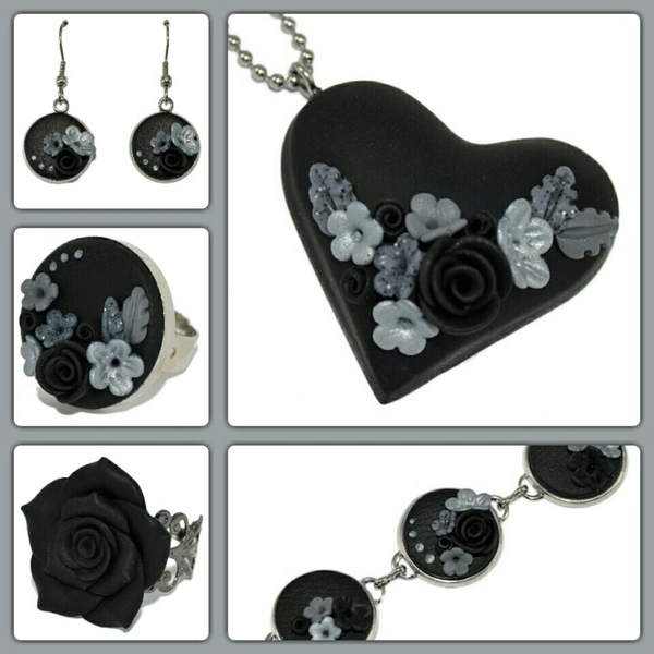Μαύρο statement δαχτυλίδι με μαύρα ασημί & γκρι λουλουδάκια - statement, πηλός, δαχτυλίδι, χειροποίητα, φλοράλ, romantic, αυξομειούμενα - 4