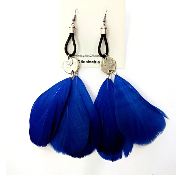 Blue feathers - ιδιαίτερο, μοναδικό, μοντέρνο, φτερό, κορδόνια, εντυπωσιακά, μακριά, μεταλλικά στοιχεία