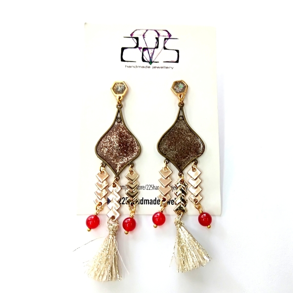 Boho earrings - ημιπολύτιμες πέτρες, γυαλί, νεφρίτης, με φούντες, boho, μεταλλικά στοιχεία, Black Friday - 2
