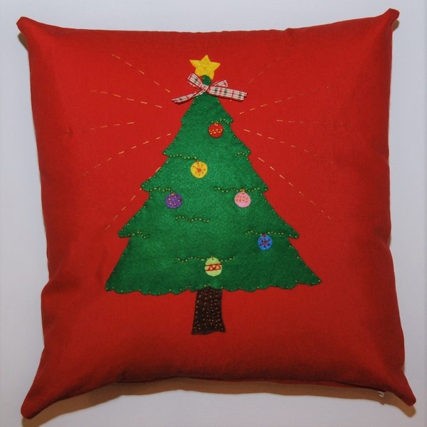 Χριστουγεννιάτικο διακοσμητικό μαξιλάρι - Δέντρο - κεντητά, τσόχα, σπίτι, διακοσμητικά, μαξιλάρια