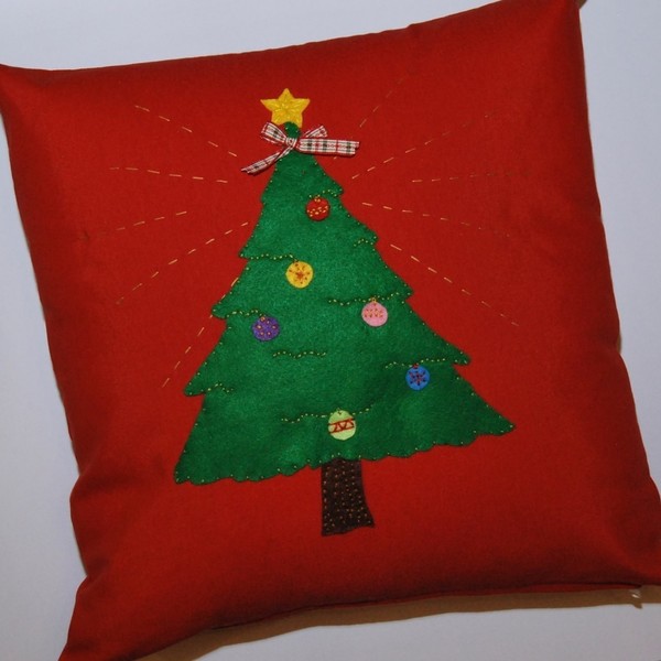 Χριστουγεννιάτικο διακοσμητικό μαξιλάρι - Δέντρο - κεντητά, τσόχα, σπίτι, διακοσμητικά, μαξιλάρια - 3