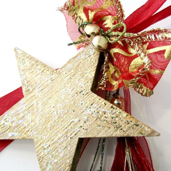 Γούρι με ξύλινο χρυσό αστέρι (6) - φιόγκος, διακοσμητικό, κλασσικό, γούρι, χρυσό, καρδιά, αστέρι, μέταλλο, χειροποίητα, μάτι, ξύλινο, χριστουγεννιάτικο - 4