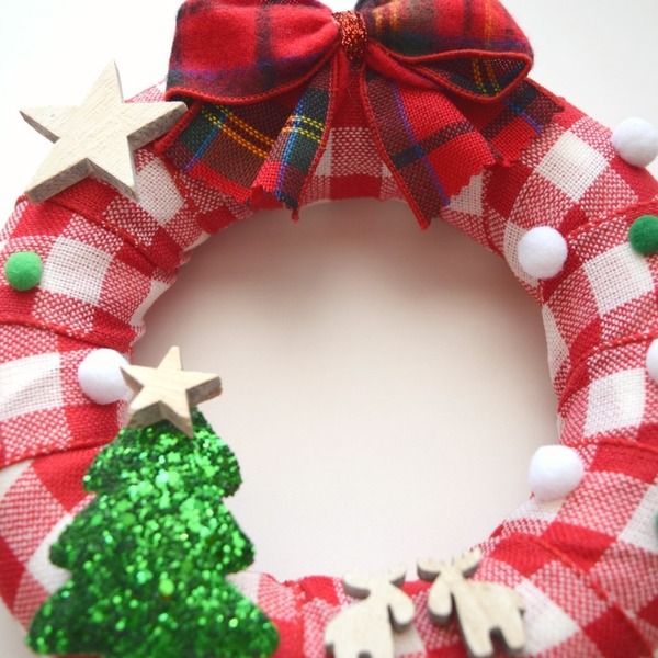 Χριστουγεννιάτικο στεφάνι - ύφασμα, γκλίτερ, γκλίτερ, στεφάνια, ξύλινο, καρό, διακοσμητικά, χριστουγεννιάτικα δώρα - 2