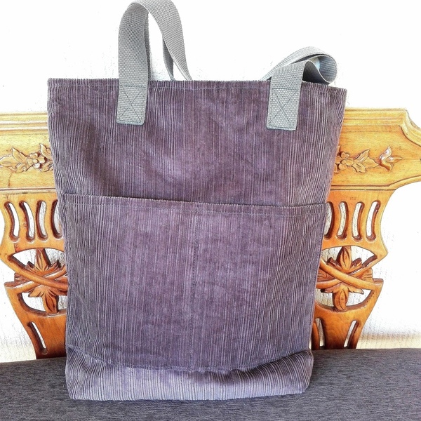 Κοτλε γκρι shopping bag - γυναικεία, ώμου, τσάντα, χειροποίητα, μεγάλες, αξεσουάρ, minimal, φθηνές - 3
