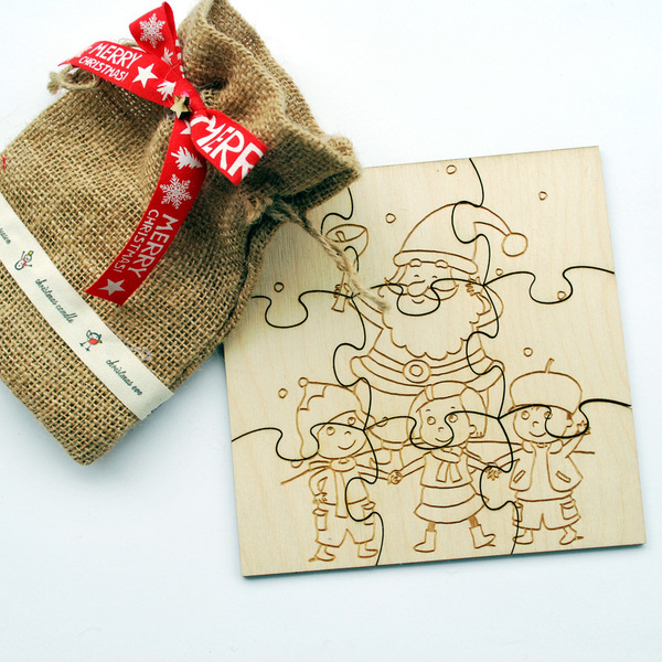 Ξύλινο παζλ σε πουγκί - ζωγραφισμένα στο χέρι, παιχνίδι, δώρο, πουγκί, χριστουγεννιάτικο