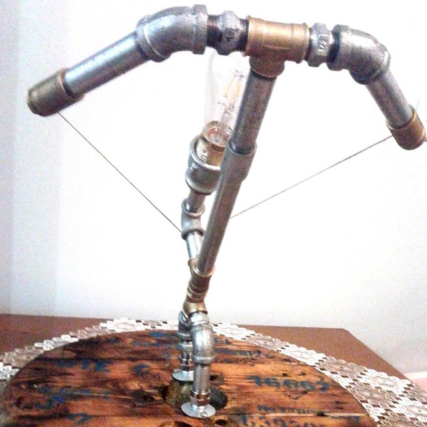 Επιτραπέζιο Χειροποίητο Φωτιστικό Τόξο, Iron Pipe Lamp Bullet Arc Rustic Vintage Industrial - ξύλο, vintage, πορτατίφ - 2