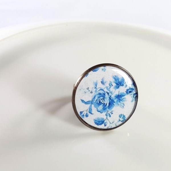 Floral Blue | Vintage ring - statement, vintage, γυαλί, γυαλί, δαχτυλίδι, φλοράλ, minimal, μπρούντζος, μεγάλα, αυξομειούμενα, φθηνά