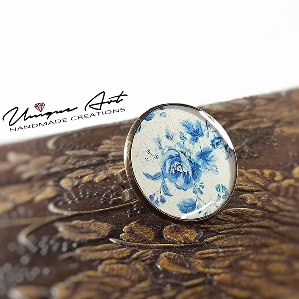Floral Blue | Vintage ring - statement, vintage, γυαλί, γυαλί, δαχτυλίδι, φλοράλ, minimal, μπρούντζος, μεγάλα, αυξομειούμενα, φθηνά - 2