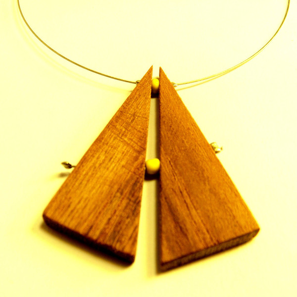 Κολιέ ορθογώνια τρίγωνα | ξύλο από δρυς και χάντρες - ξύλο, κολιέ, χάντρες - 2