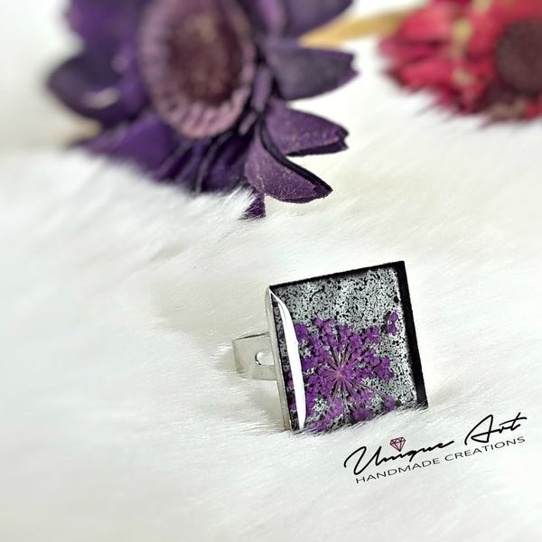 Flower blossom | Purple - statement, ασημί, γυαλί, γυαλί, μοναδικό, σμάλτος, σμάλτος, δαχτυλίδι, εντυπωσιακό, minimal, λουλούδι, unique, μεγάλα, Black Friday, αυξομειούμενα, φθηνά - 3