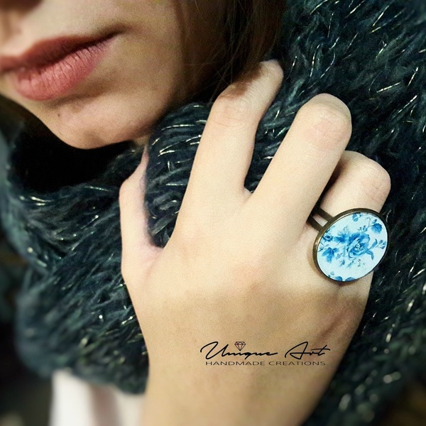 Floral Blue | Vintage ring - statement, vintage, γυαλί, γυαλί, δαχτυλίδι, φλοράλ, minimal, μπρούντζος, μεγάλα, αυξομειούμενα, φθηνά - 3