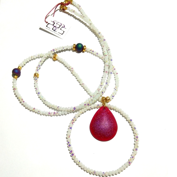 Iridescent white necklace - ημιπολύτιμες πέτρες, ημιπολύτιμες πέτρες, αχάτης, γυαλί, γυαλί, κρύσταλλα, μακρύ, κολιέ, εντυπωσιακό, μεταλλικά στοιχεία - 2