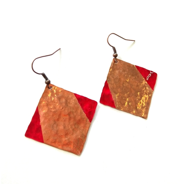 Hammered copper earrings - μοναδικό, μοντέρνο, σμάλτος, σμάλτος, χαλκός, χαλκός, γεωμετρικά σχέδια, σφυρήλατο, δώρα αγίου βαλεντίνου