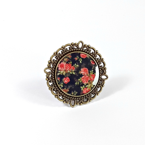 Black Floral | Vintage Ring | Δαχτυλίδι με υγρό γυαλί - statement, vintage, γυαλί, γυναικεία, μέταλλο, δαχτυλίδι, φλοράλ, unique, μπρούντζος, μεγάλα, αυξομειούμενα, δώρα για γυναίκες, φθηνά