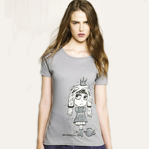 Γκρι εικονογραφημένο t-shirt με λαιμόκοψη - μεταξοτυπία - βαμβάκι, fashion, καρδιά, κορίτσι, t-shirt, αγάπη, cute, minimal, έλληνες σχεδιαστές - 2