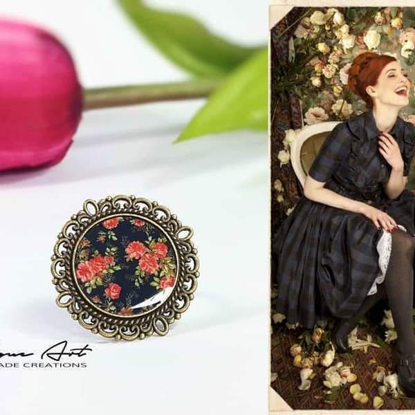 Black Floral | Vintage Ring | Δαχτυλίδι με υγρό γυαλί - statement, vintage, γυαλί, γυναικεία, μέταλλο, δαχτυλίδι, φλοράλ, unique, μπρούντζος, μεγάλα, αυξομειούμενα, δώρα για γυναίκες, φθηνά - 2