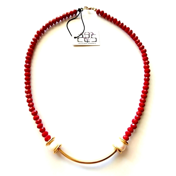 Red and pearls - ημιπολύτιμες πέτρες, μαργαριτάρι, κρύσταλλα, κολιέ, κοντό, minimal, επίχρυσα στοιχεία - 2