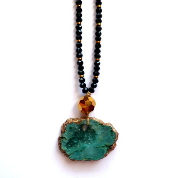 κολιέ druzy αχάτης ( πράσινο) - ημιπολύτιμες πέτρες, αχάτης, κρύσταλλα, μακρύ, αιματίτης, κολιέ, χειροποίητα, boho, fashion jewelry