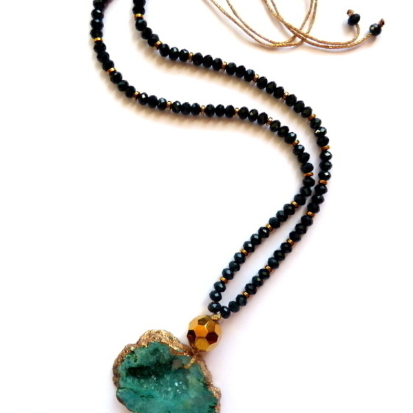 κολιέ druzy αχάτης ( πράσινο) - ημιπολύτιμες πέτρες, αχάτης, κρύσταλλα, μακρύ, αιματίτης, κολιέ, χειροποίητα, boho, fashion jewelry - 2