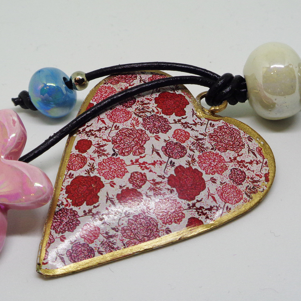 Μπρελόκ τσάντας "καρδιά" - δέρμα, δέρμα, καρδιά, λουλούδια, λουλούδια, μπρελόκ, κεραμικό, κεραμικό, χάντρες, χάντρες, ερωτευμένοι, μεταλλικά στοιχεία, δώρα αγίου βαλεντίνου - 2