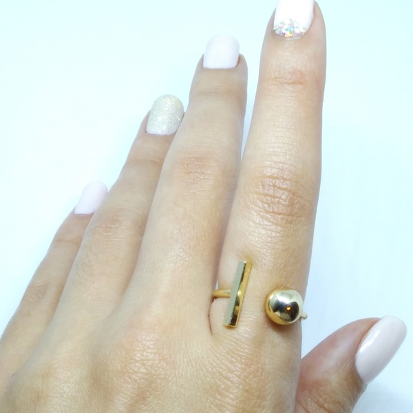 Δαχτυλίδι μπίλια μπαρα - επιχρυσωμένα, ορείχαλκος, δαχτυλίδι, minimal, βεράκια, rock, αυξομειούμενα - 2