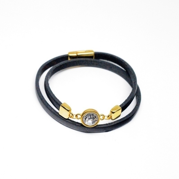 Βραχιόλι μαύρο/Swarovski Crystal V1615 - δέρμα, charms, swarovski, swarovski, bracelet