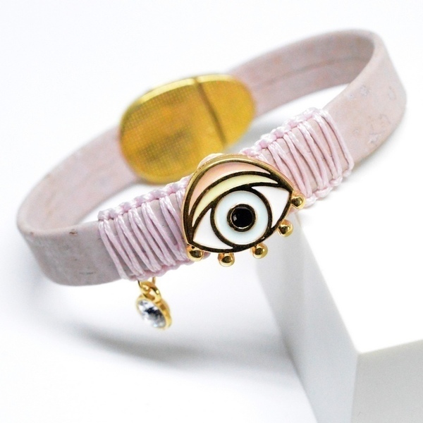 Βραχιόλι ροζ μάτι με σμάλτο V1623 - charms, βραχιόλι, χειροποίητα, μάτι, bracelet - 2