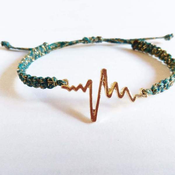 βραχιόλι καρδιογράφημα - statement, κερωμένα κορδόνια, μακραμέ, βραχιόλι, bracelet, μεταλλικά στοιχεία