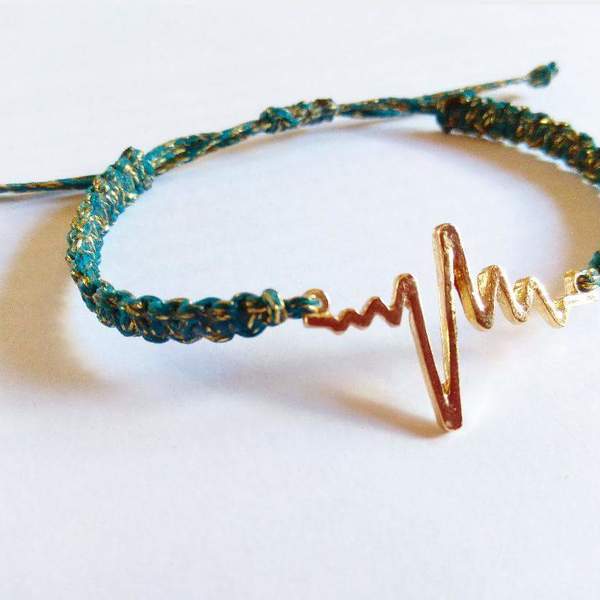 βραχιόλι καρδιογράφημα - statement, κερωμένα κορδόνια, μακραμέ, βραχιόλι, bracelet, μεταλλικά στοιχεία - 2