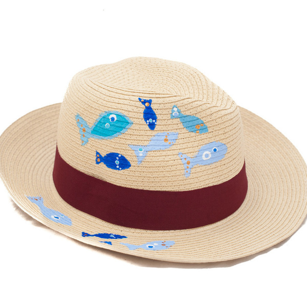 BLUE FISH HANDPAINTED FEDORA HAT (RED) - ζωγραφισμένα στο χέρι, καλοκαίρι, παραλία, ψάθινα - 2
