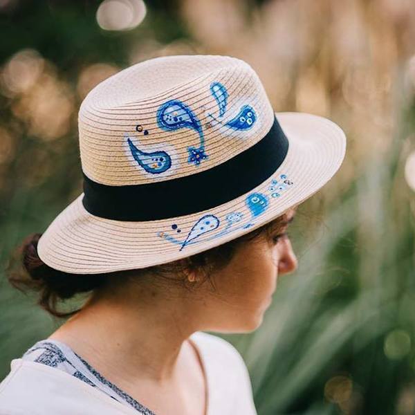 BLUE PAISLEY HANDPAINTED FEDORA ΗΑΤ - ζωγραφισμένα στο χέρι, καλοκαίρι, παραλία, καπέλα, ψάθινα - 4