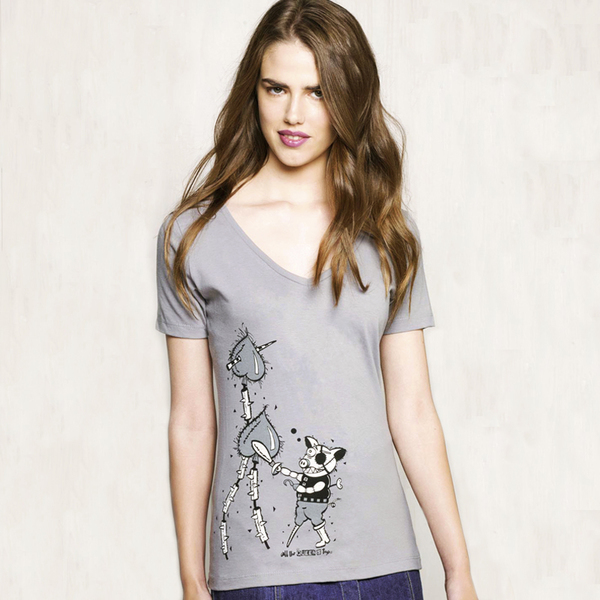 Γκρι t-shirt εικονογραφημένο με λαιμό V - μεταξοτυπία - βαμβάκι, ζωγραφισμένα στο χέρι, ζωάκι, t-shirt, rock