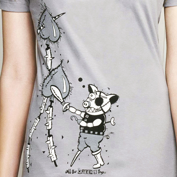 Γκρι t-shirt εικονογραφημένο με λαιμό V - μεταξοτυπία - βαμβάκι, ζωγραφισμένα στο χέρι, ζωάκι, t-shirt, rock - 2