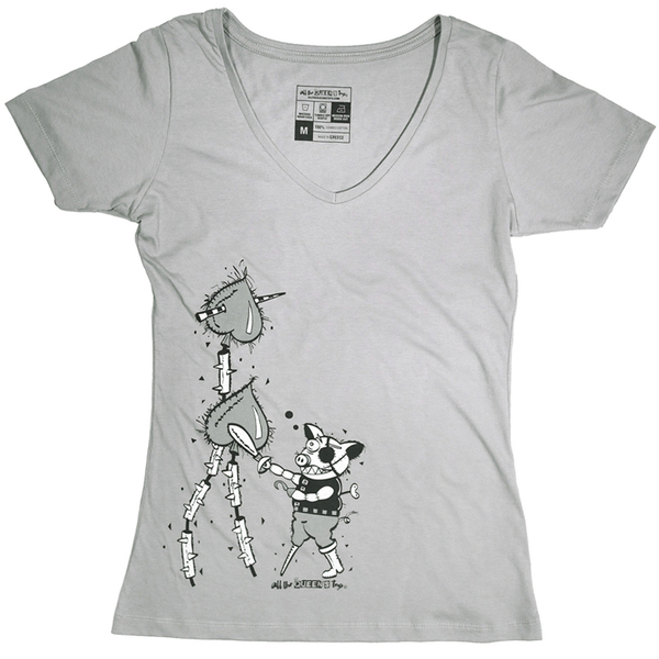 Γκρι t-shirt εικονογραφημένο με λαιμό V - μεταξοτυπία - βαμβάκι, ζωγραφισμένα στο χέρι, ζωάκι, t-shirt, rock - 3