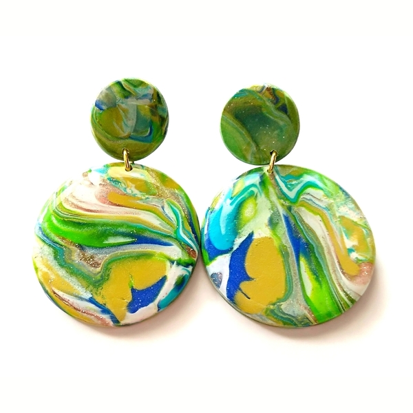 Marbled green earrings - γυαλί, ιδιαίτερο, μοναδικό, μοντέρνο, πηλός, εντυπωσιακά, καρφωτά