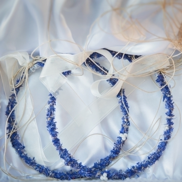 Μπλε στέφανα γάμου με αποξηραμένα ανθάκια - κορδέλα, σύρμα, χειροποίητα, πέρλες